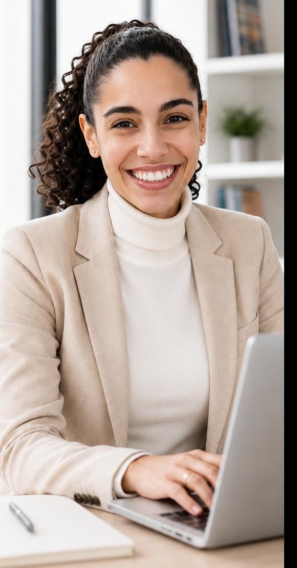 Alice, fundadora da Lidera Move, em ambiente de trabalho com notebook