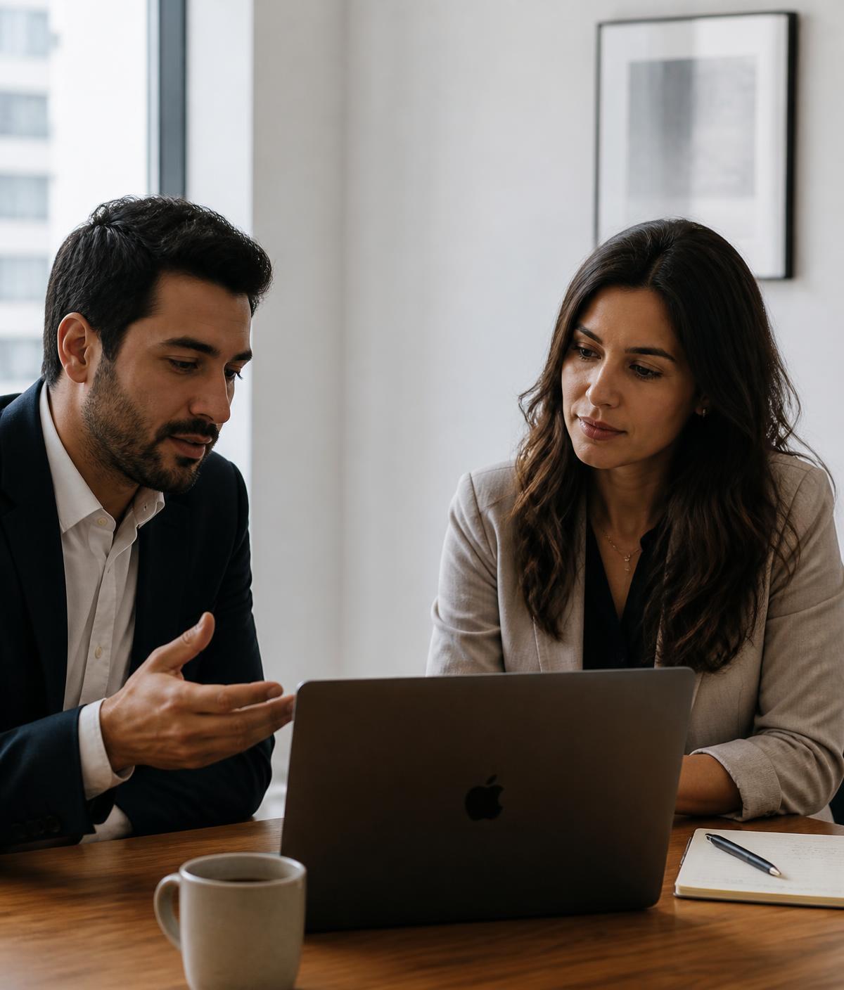 Duas pessoas em reunião de trabalho analisando informações em um notebook sob luz natural
